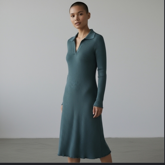 Lands' End Ribbed Evergreen  Knit Midi Sheath Dress V Neck Notched Collar Sz L - Picture 9 of 9